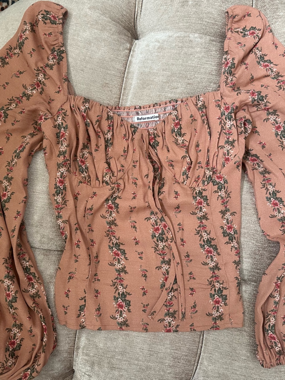 Reformation Dusty Rose Floral Square Neck Puff-Sleeve Blouse